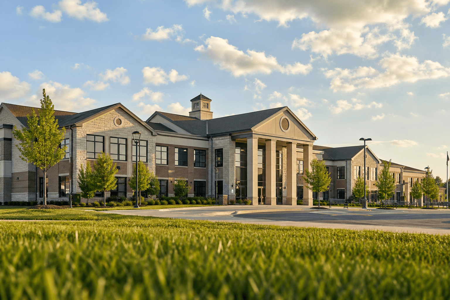 Wide exterior view of a modern school campus with landscaped grounds and morning light