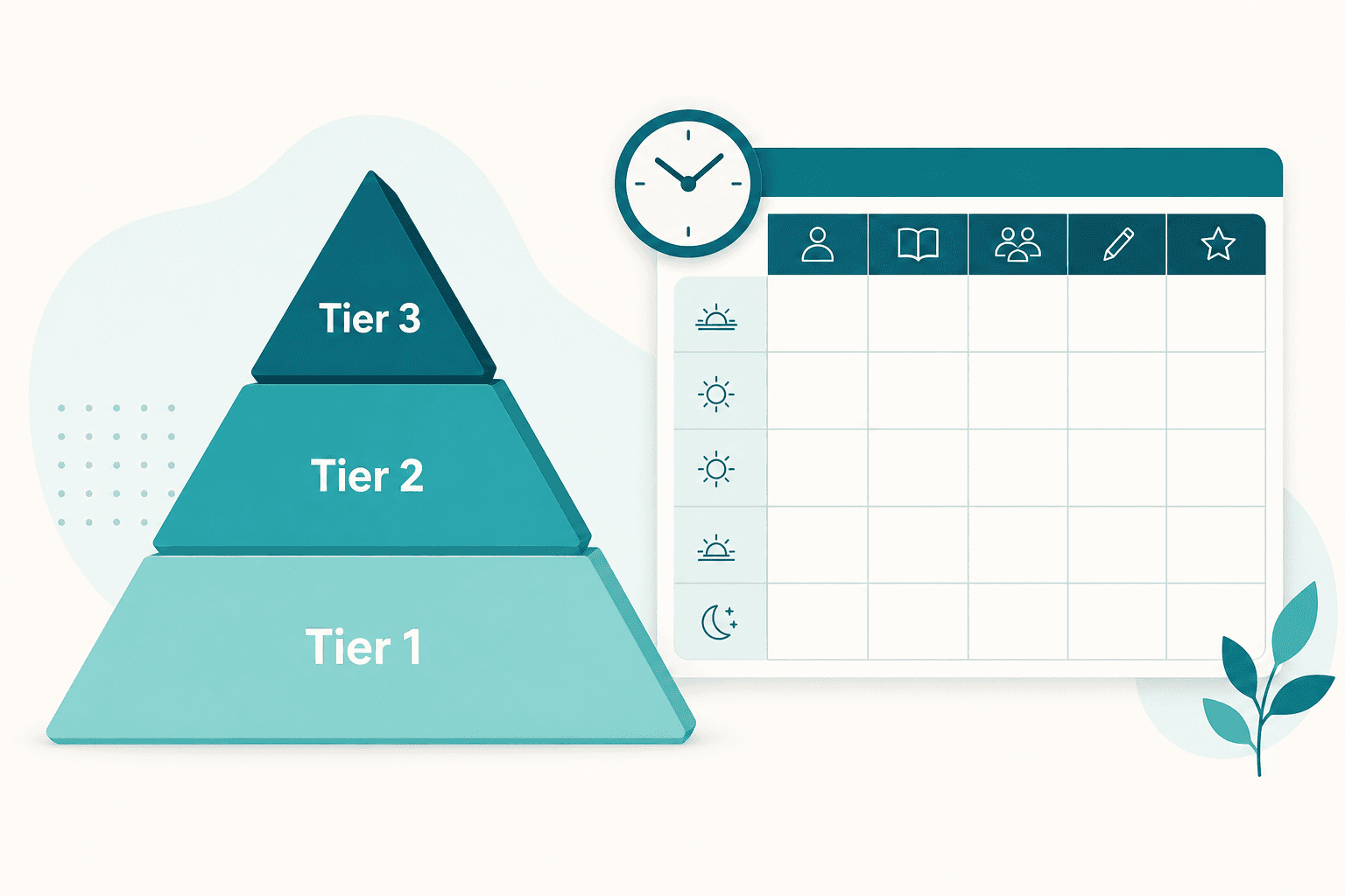 Infographic-style diagram: three-tier RTI pyramid (Tier 1, 2, and 3) next to a simplified school-week schedule grid suggesting timetabled intervention time